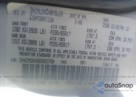 2006 Chrysler Pacifica Touring from USA, damaged, VIN 2A4GM68486R803760